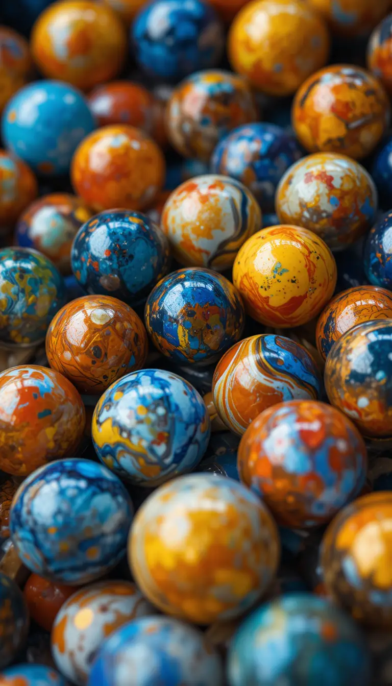 Farbige Nahaufnahme glänzender Glasmurmeln mit unscharfem Hintergrund