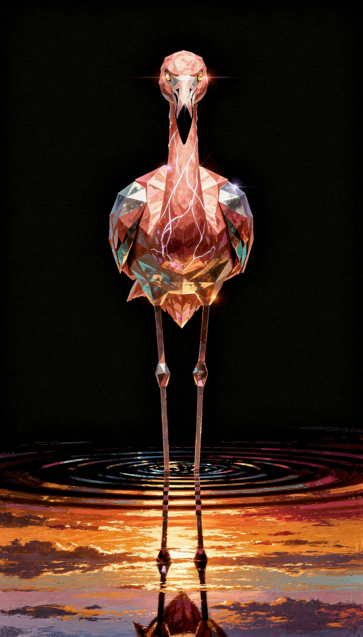 Flamingo geométrico abstrato brilhando contra um vazio negro