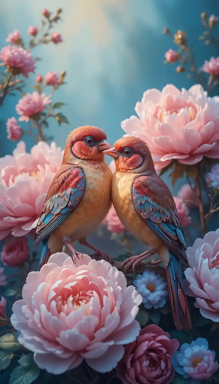 Oiseaux Enchantés parmi les Pivoines Rouges et Bleues