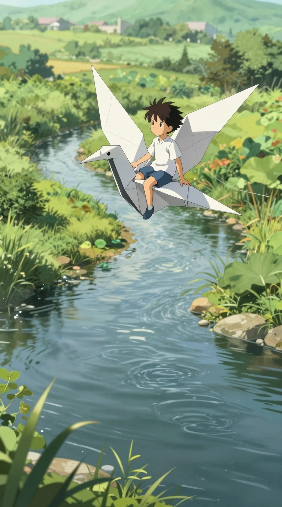 Anime boy riding a giant origami bird over river