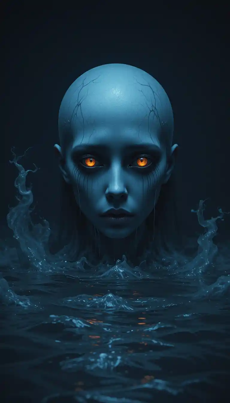Rostro fantasmal con ojos anaranjados brillantes sobre olas oscuras