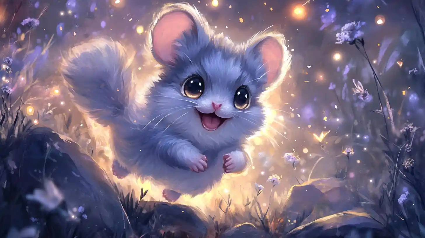 Joyful baby chinchilla bouncing in a moonlit rocky meadow