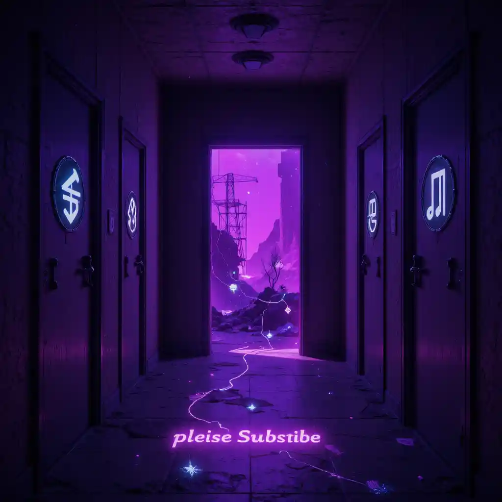 Couloir sombre de portes avec un seul choix violet lumineux