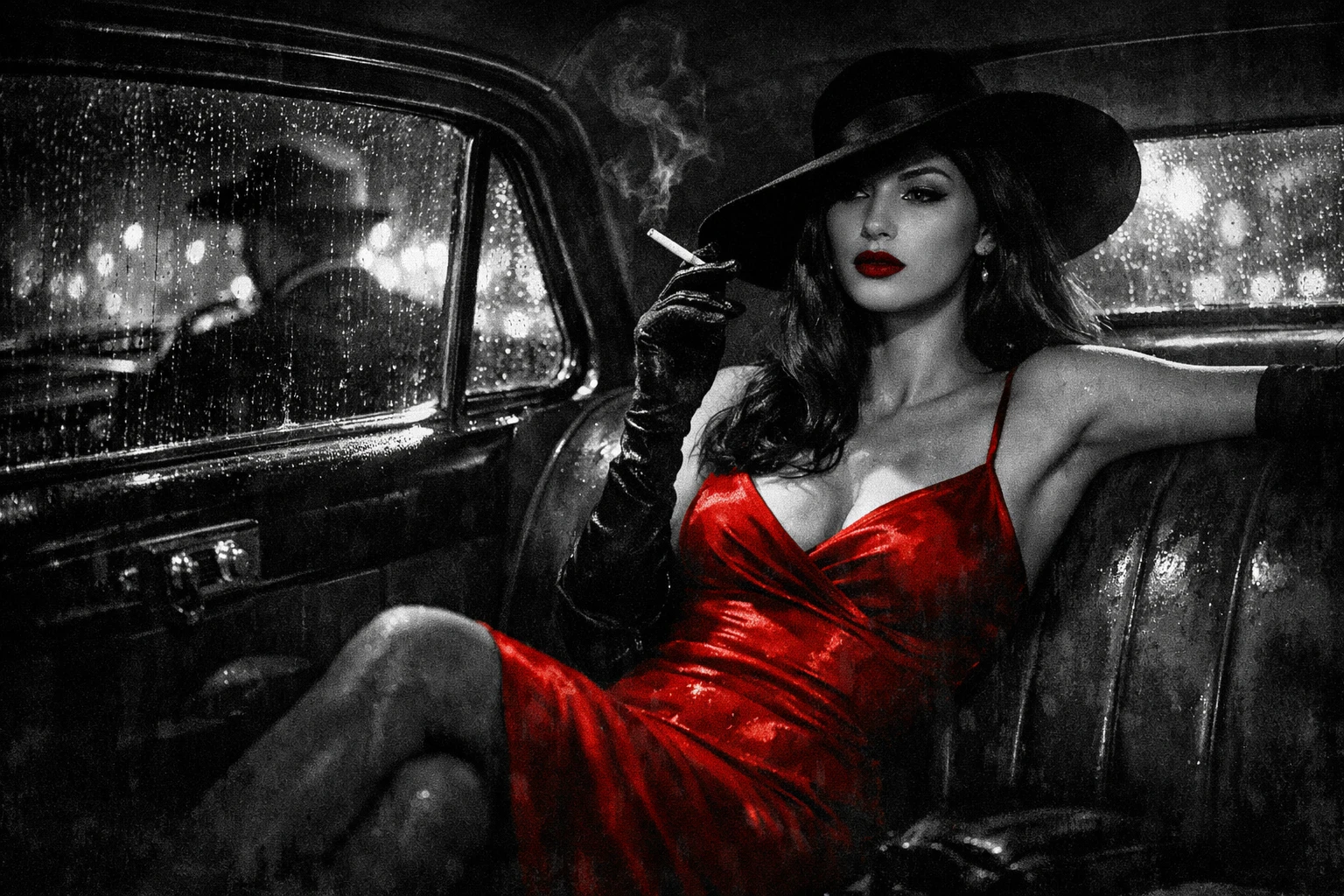 Femme en robe rouge dans une scène de limousine film noir sous la pluie