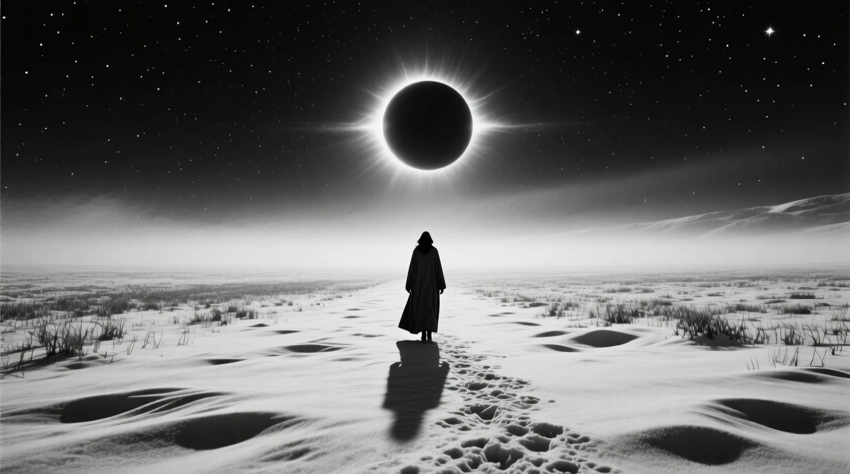 Donna incappucciata che attraversa un campo innevato verso l'eclissi solare