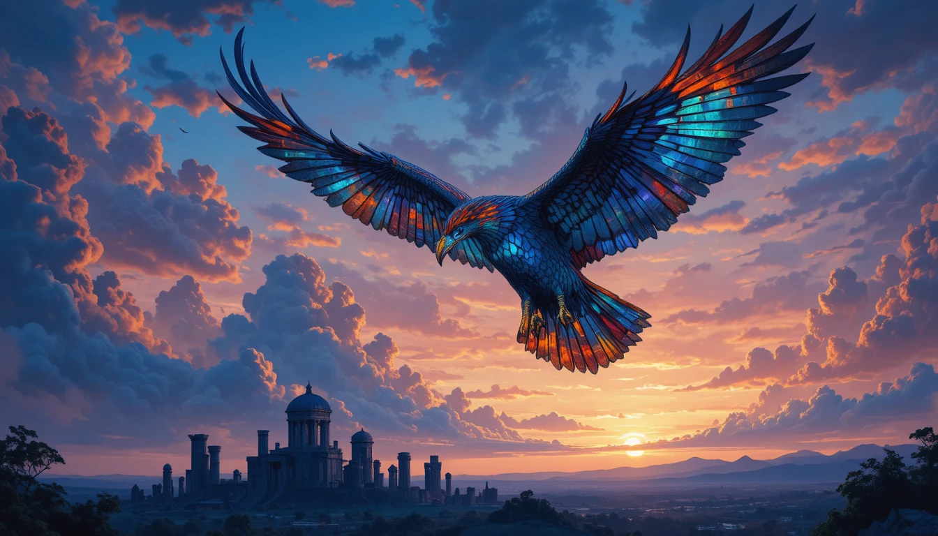 Águila emplumada de vitral sobre ruinas brillantes al crepúsculo