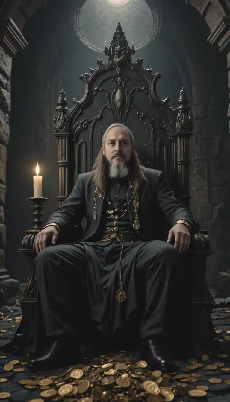 Greedy man on wooden throne amid gold in stone chamber