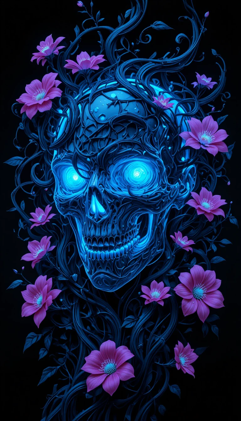 Glowing Blue Skull With Vines And Neon Flowers
