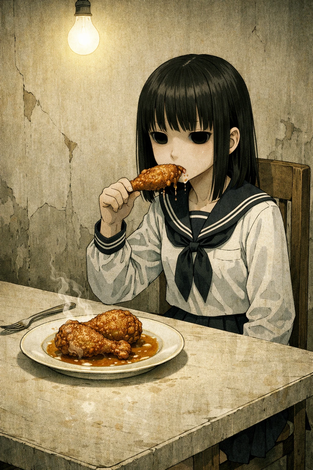 텅 빈 방 식탁에 앉아 있는 무표정한 애니메이션 소녀