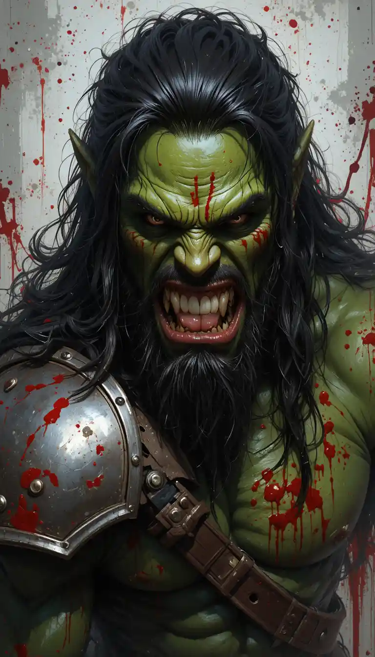 Retrato de orco feroz con el rostro ensangrentado y armadura de metal