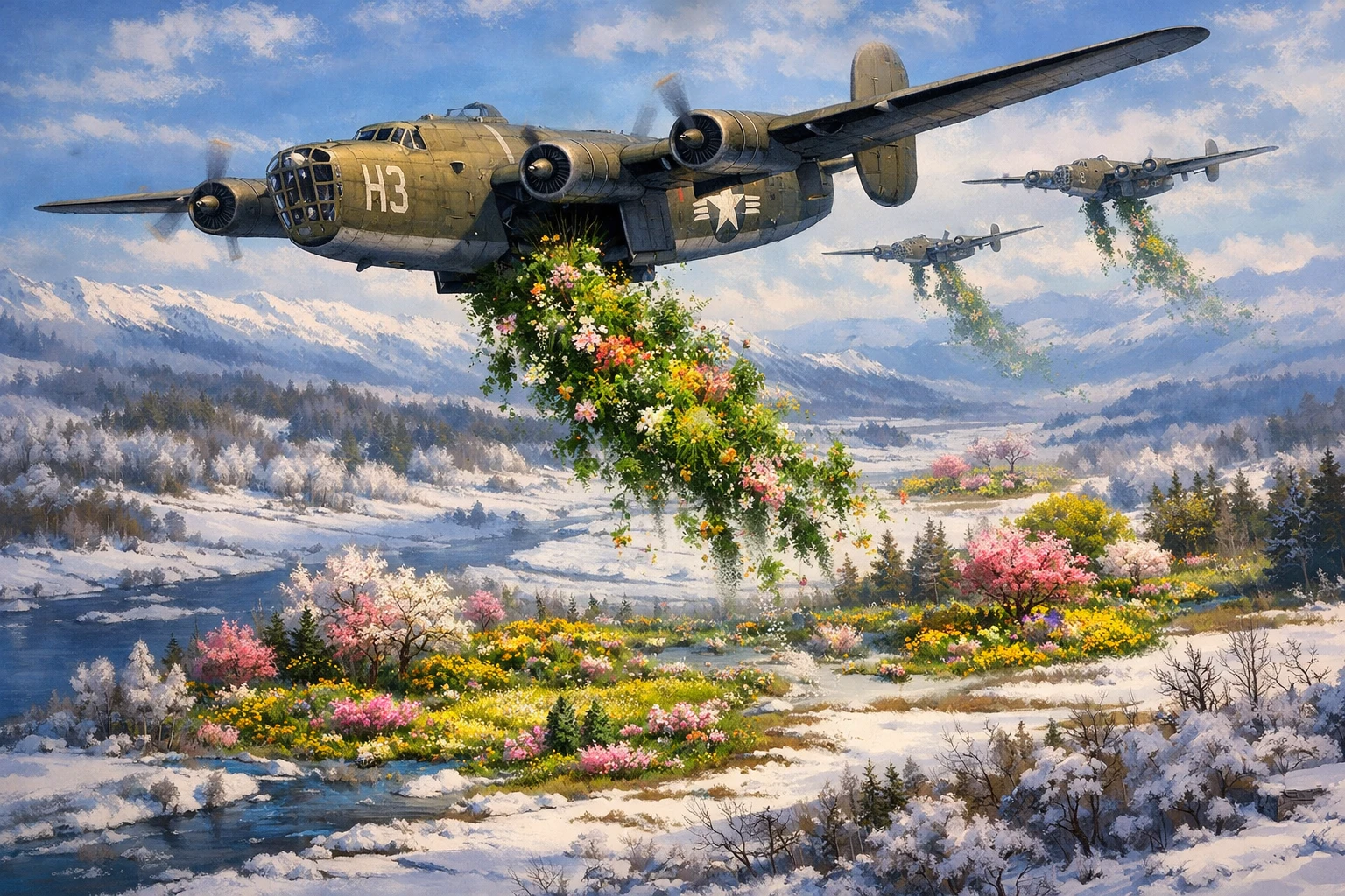 World War II bomber dropping spring over winter fields