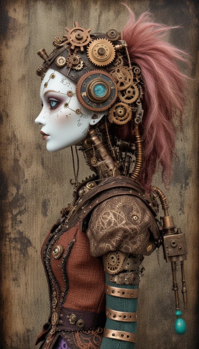 Steampunk gothic ragdoll woman in side profile view