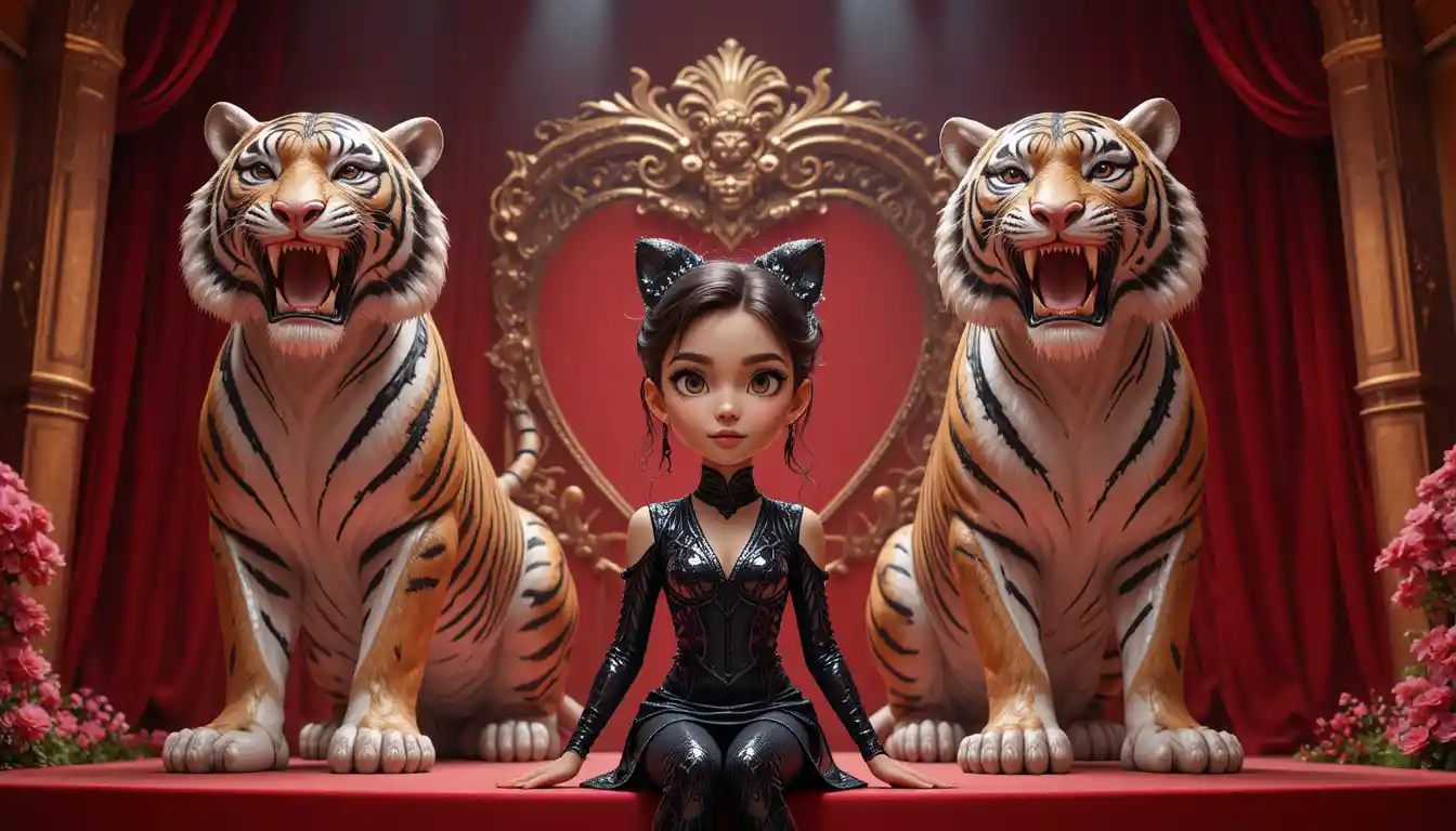 Girl in black costume on red stage with metal tigers