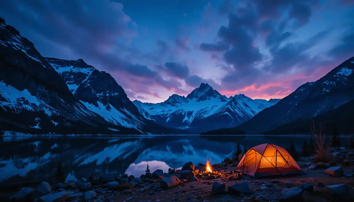 Twilight mountain lake with tent and glowing campfire