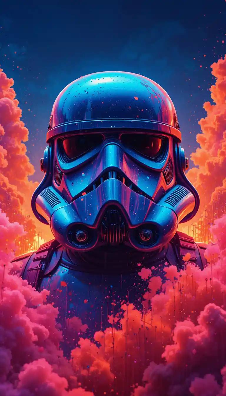 Casque de stormtrooper néon en art numérique abstrait et vif
