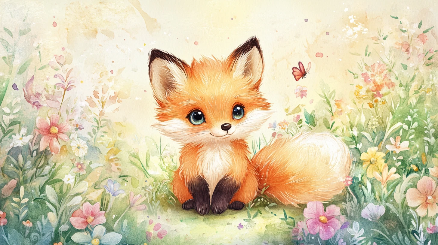 Adorável filhote de raposa em um campo florido ensolarado em aquarela