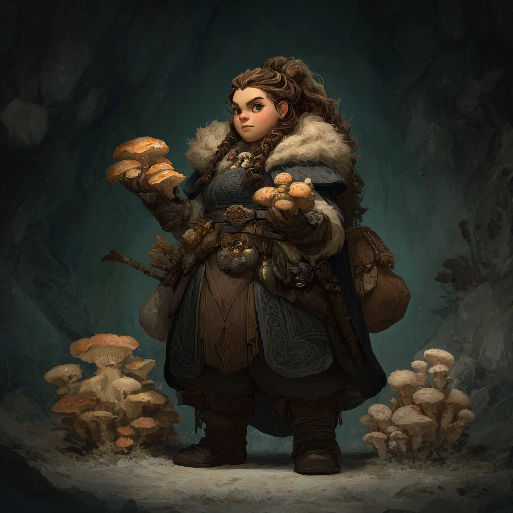 Dark fantasy dwarf druid woman in a cavern shrine