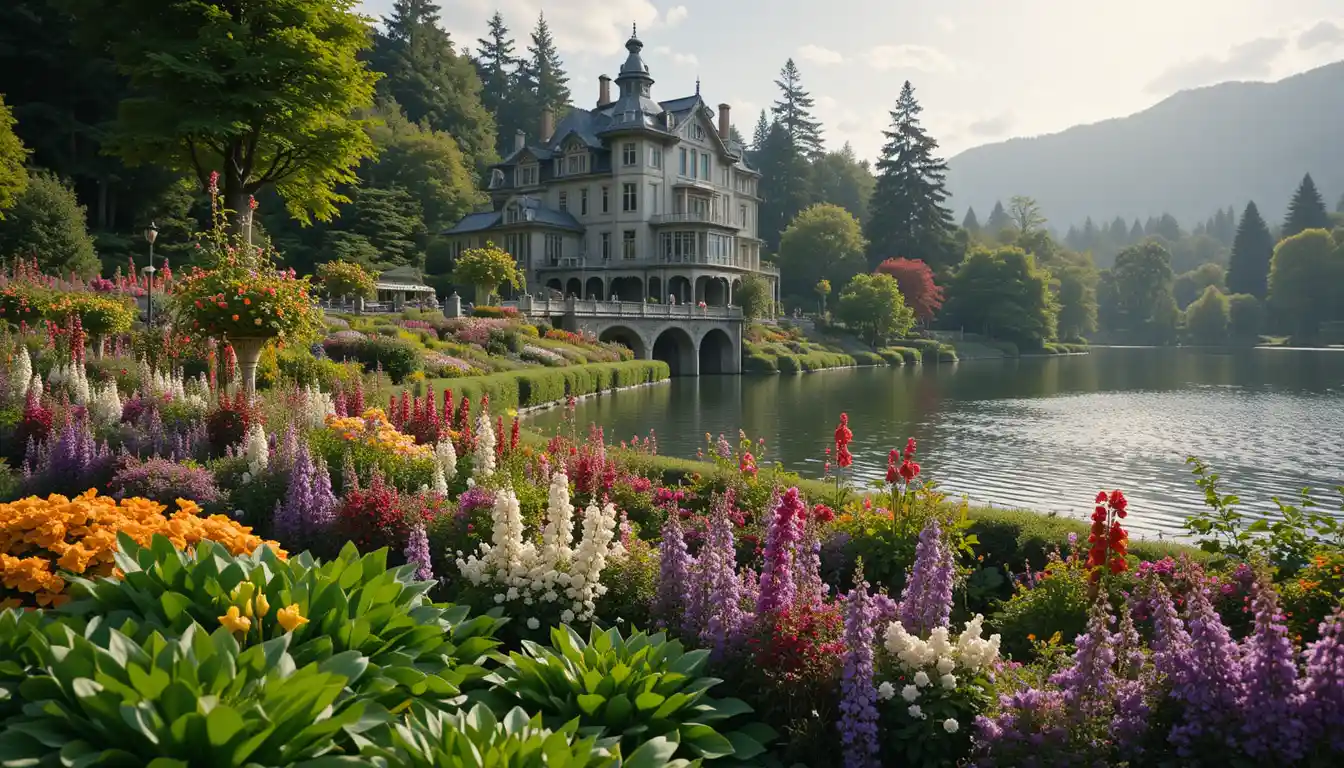 Jardim florido sereno à beira do lago com mansão histórica