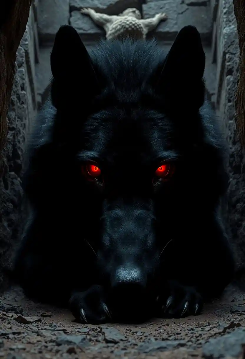 Lobo negro gigante com olhos vermelhos brilhantes na escuridão