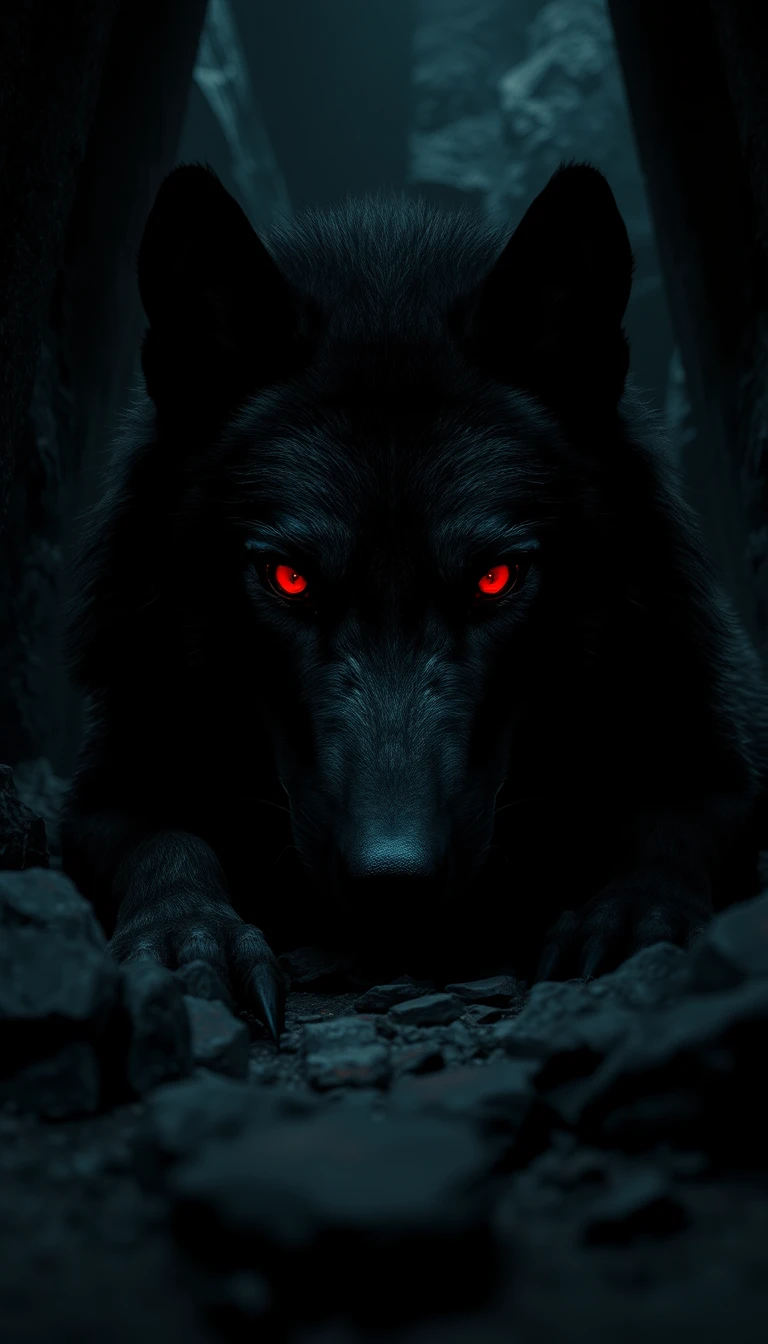 Lobo negro gigantesco com olhos vermelhos brilhantes em caverna escura