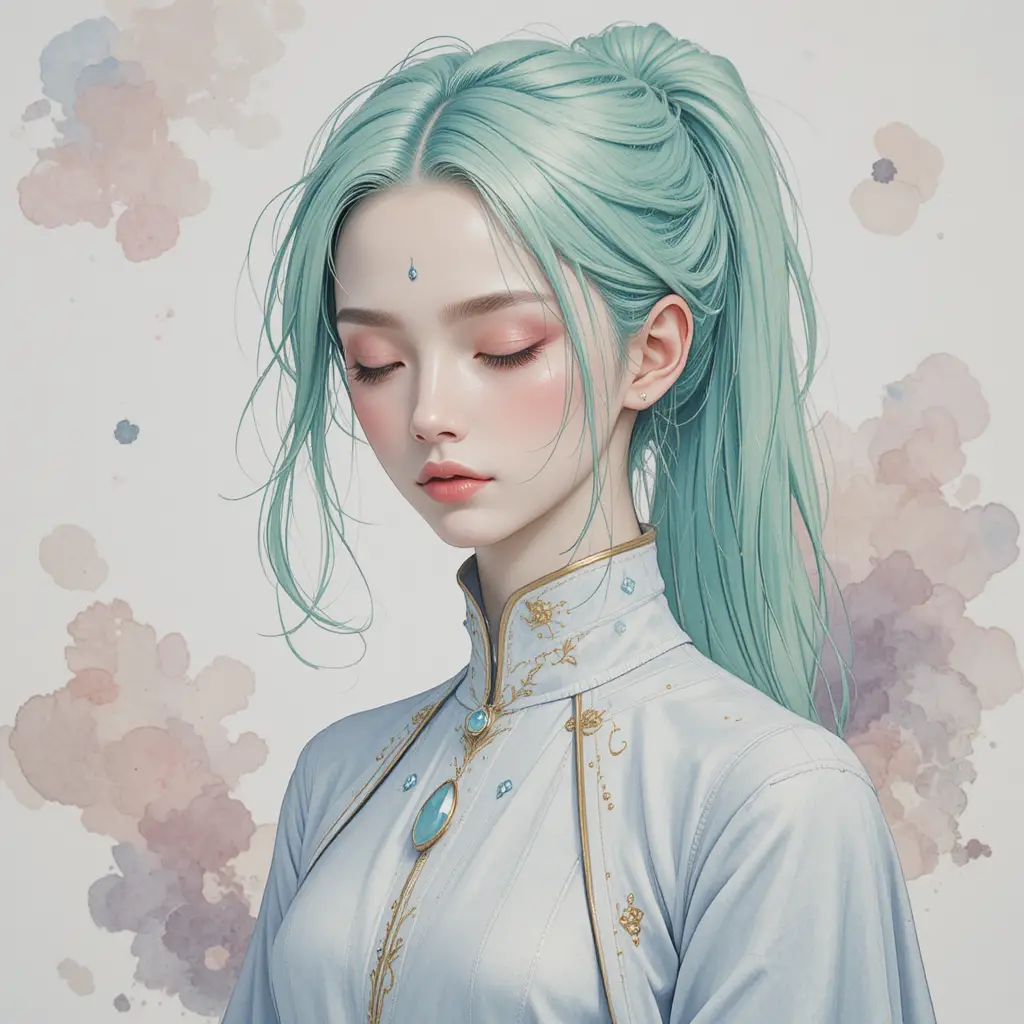 Retrato etéreo em aquarela de uma serena garota fantasia de cabelo verde-menta