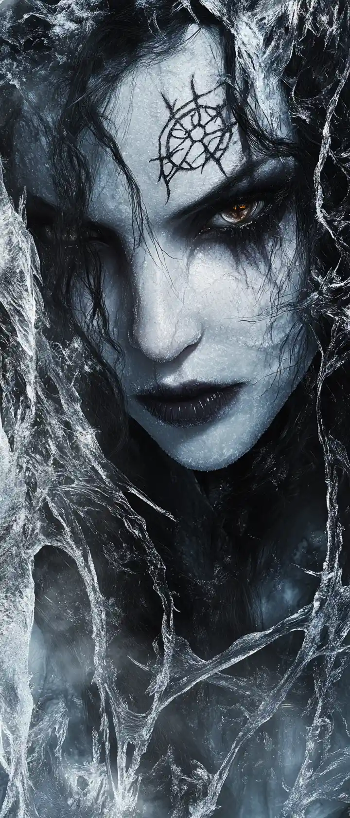 Sinister sorceress close up in a frozen dark forest