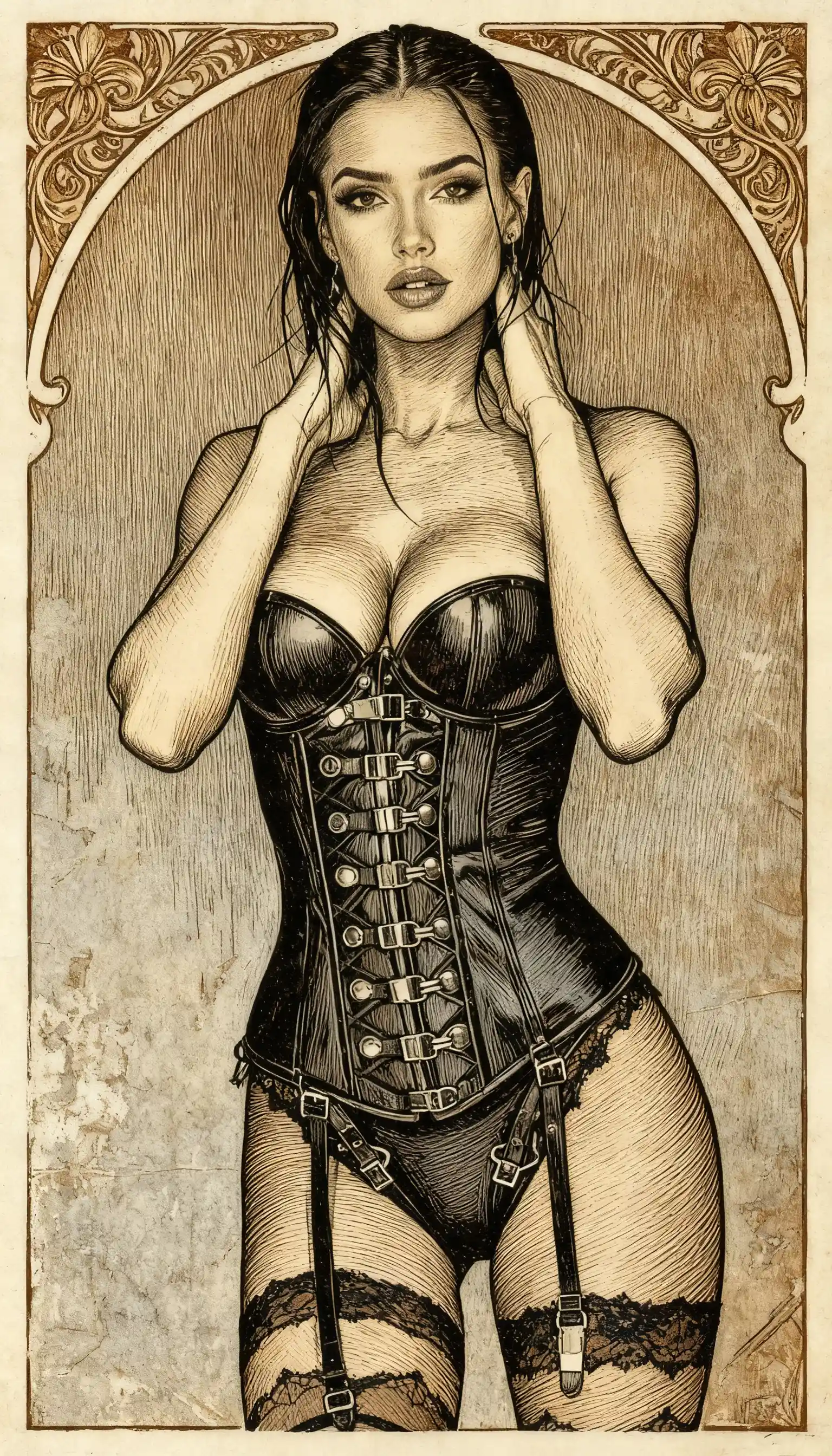 Woman in brown and grey art nouveau vintage etching style