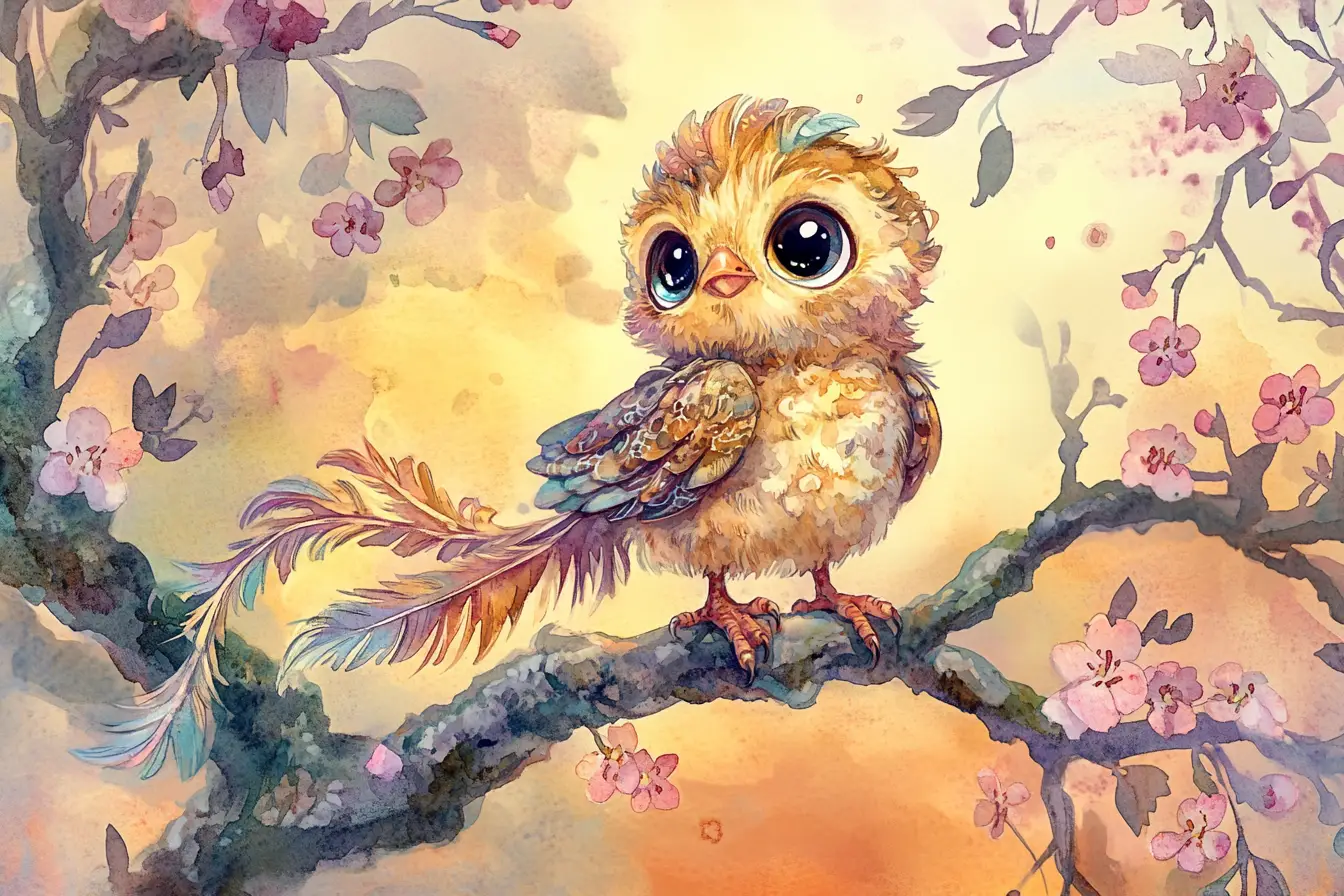Grazioso cucciolo di simurgh appollaiato su un ramo fiorito