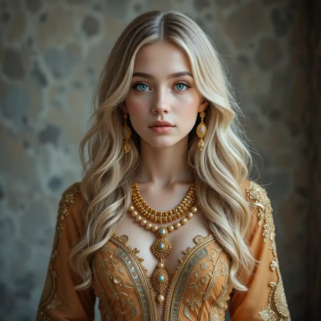 Young blonde woman in ornate gold embroidered dress portrait