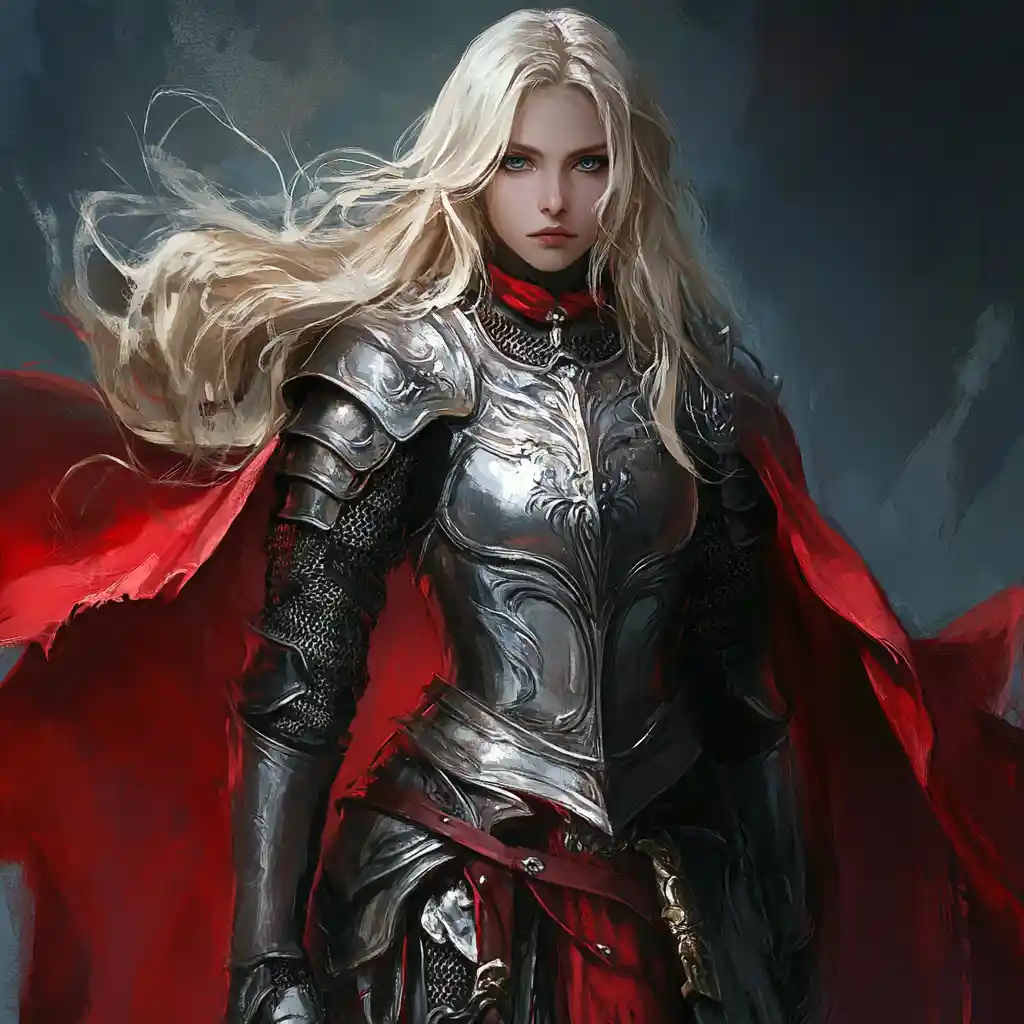 Elf paladin woman in silver armor with red cape