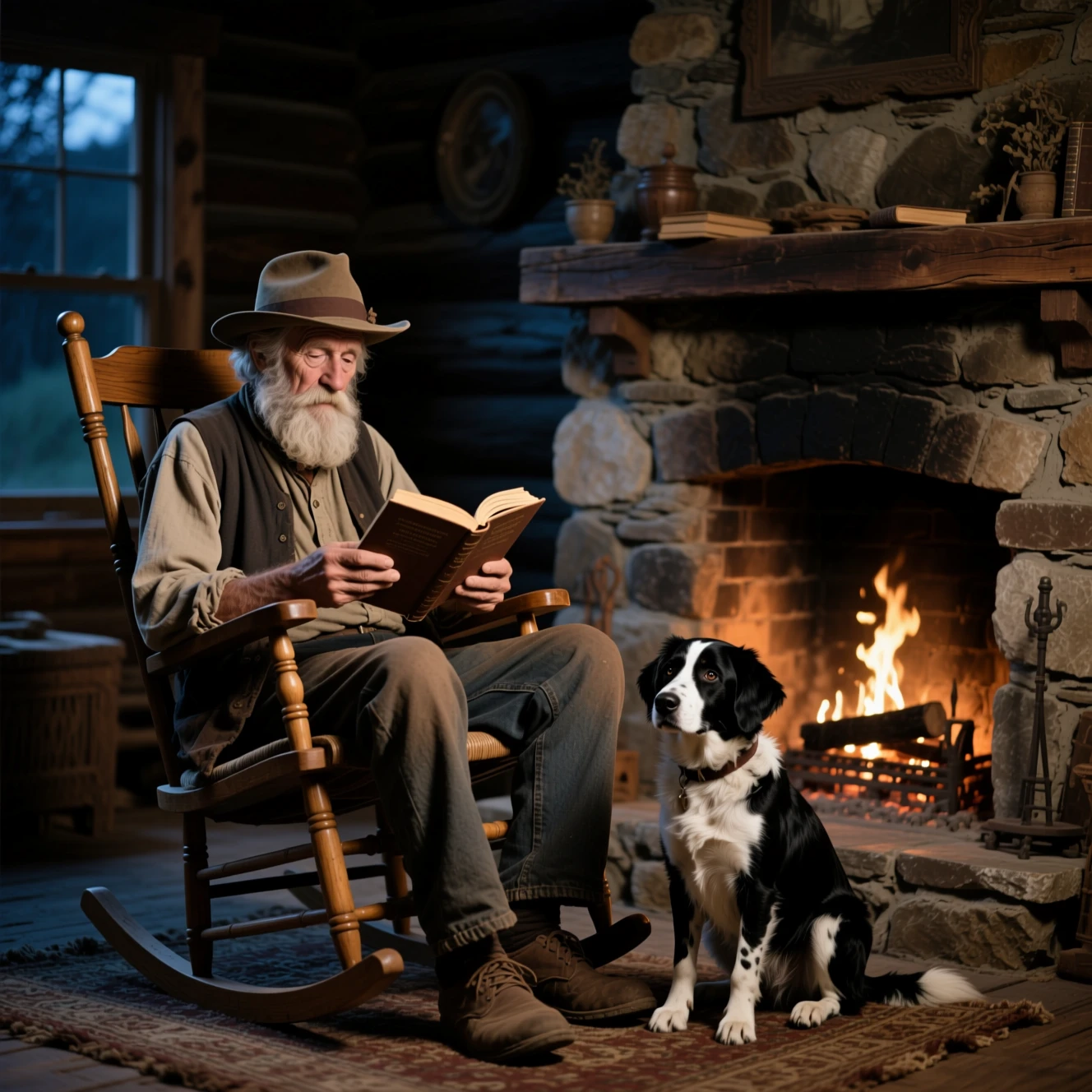 Senhor idoso lendo à lareira com cachorro leal à noite