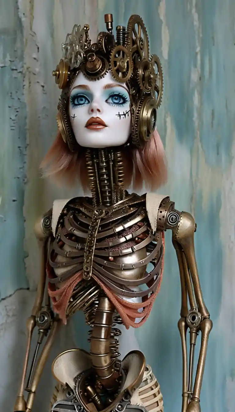 Steampunk gothic ragdoll woman in side profile view