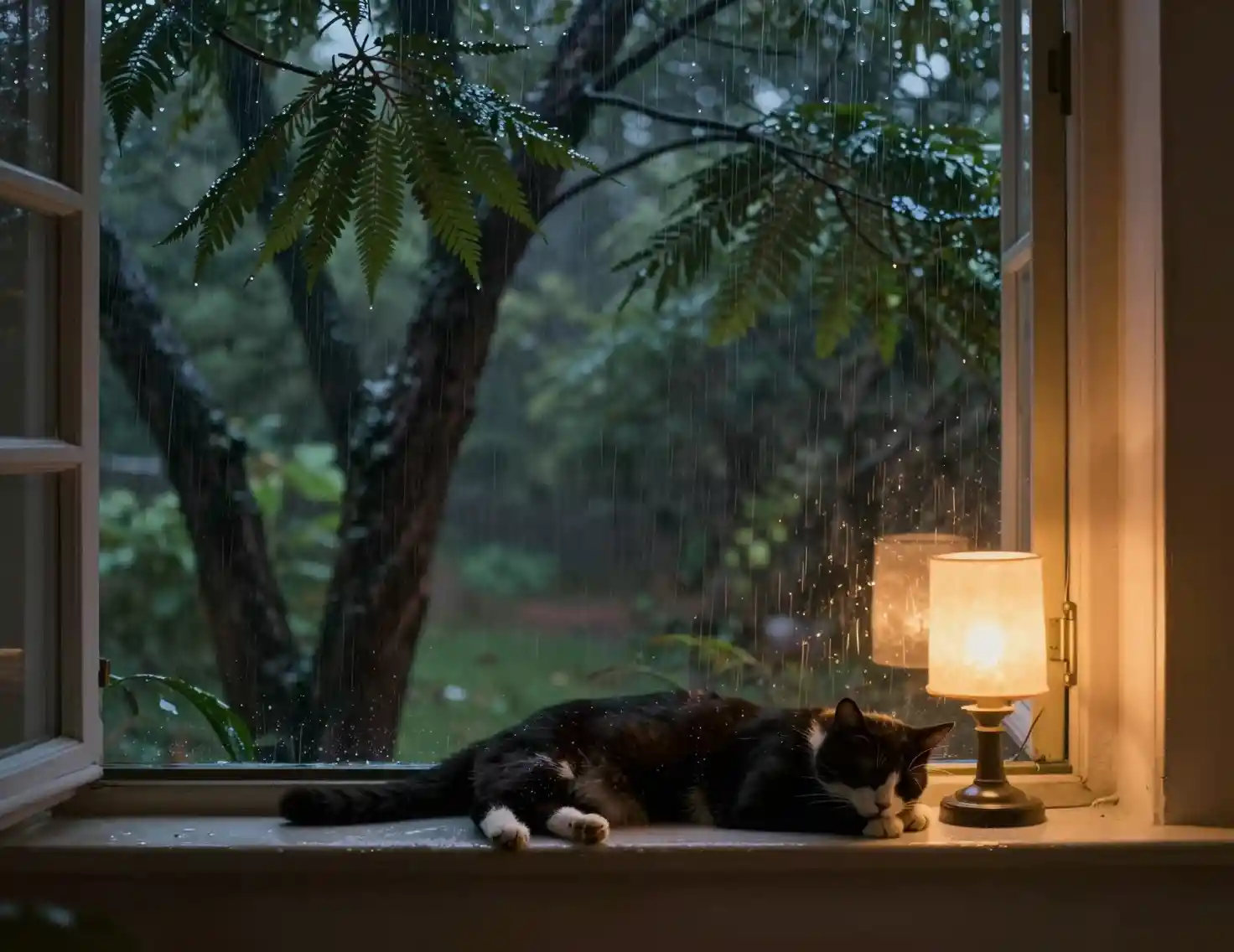 Fenêtre chaleureuse éclairée par une lampe avec chat noir et blanc endormi