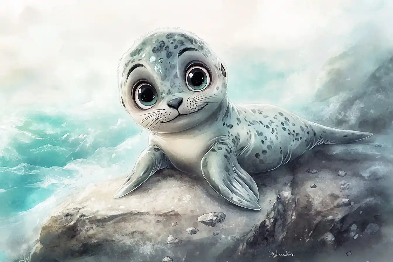 Baby selkie resting on misty rocky shore in watercolor