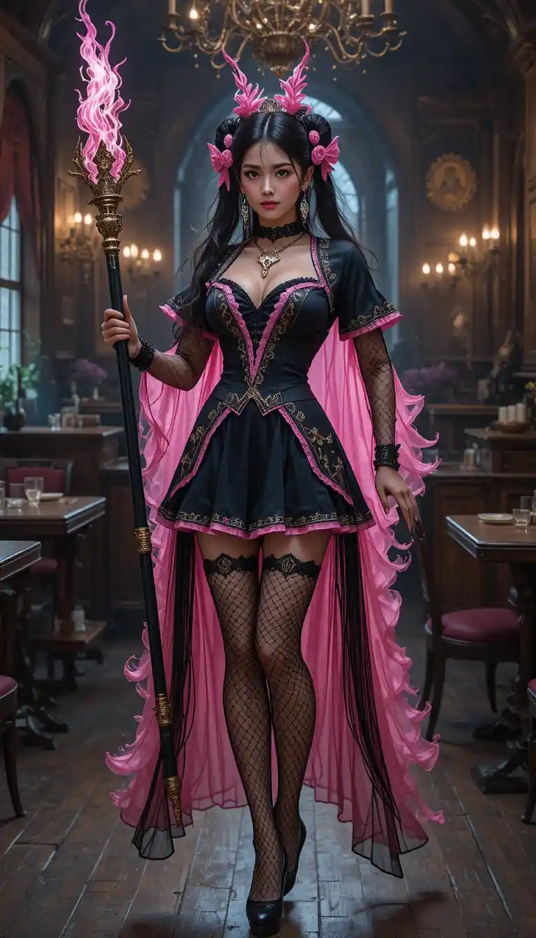 Strega coreana con gioielli a forma di teschio che lancia magia di fiamme rosa