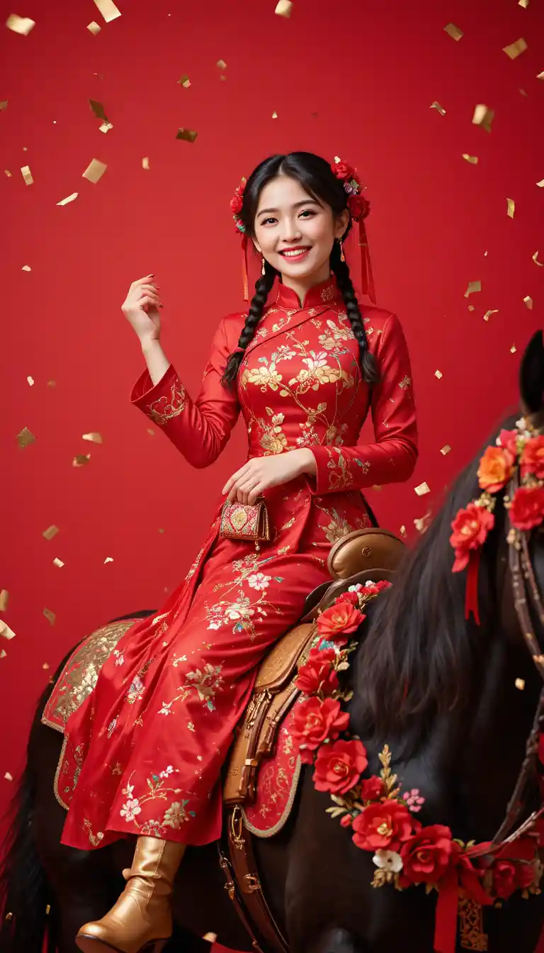 Young woman riding black horse in festive red scene