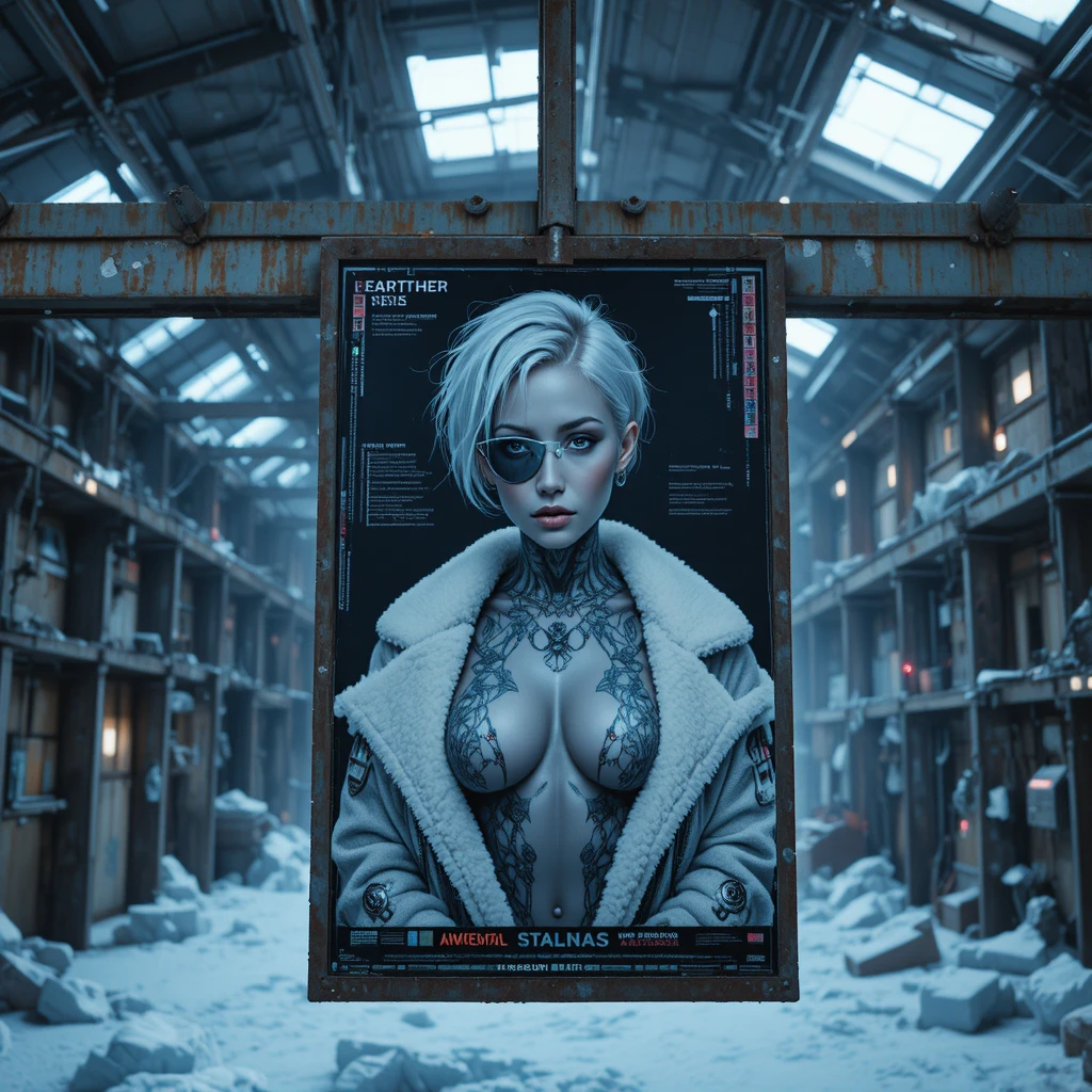 Cyberpunk Femme Fatale Poster In Frozen Industrial Hangar