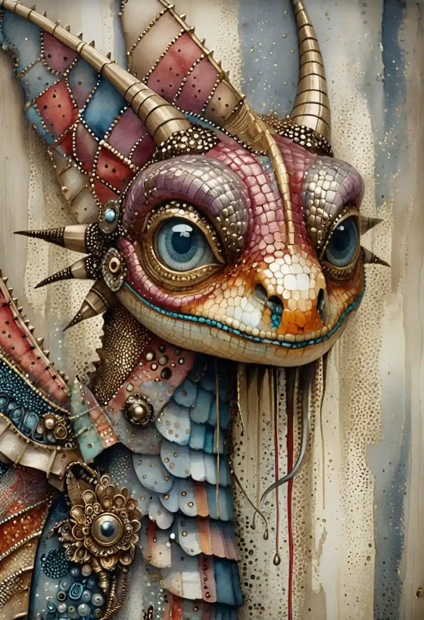 Portrait de Profil Steampunk en Techniques Mixtes d’un Dragon Fantastique