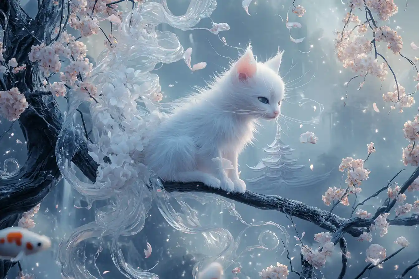 Minuscule kitsune argenté sur une branche de cerisier lumineuse