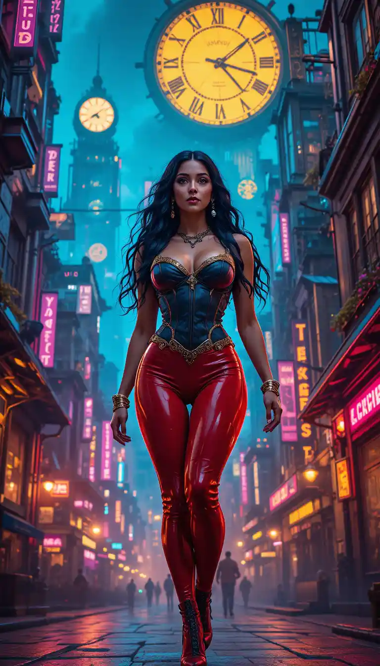 Mujer de cabello oscuro y segura de sí en un paisaje urbano steampunk de neón