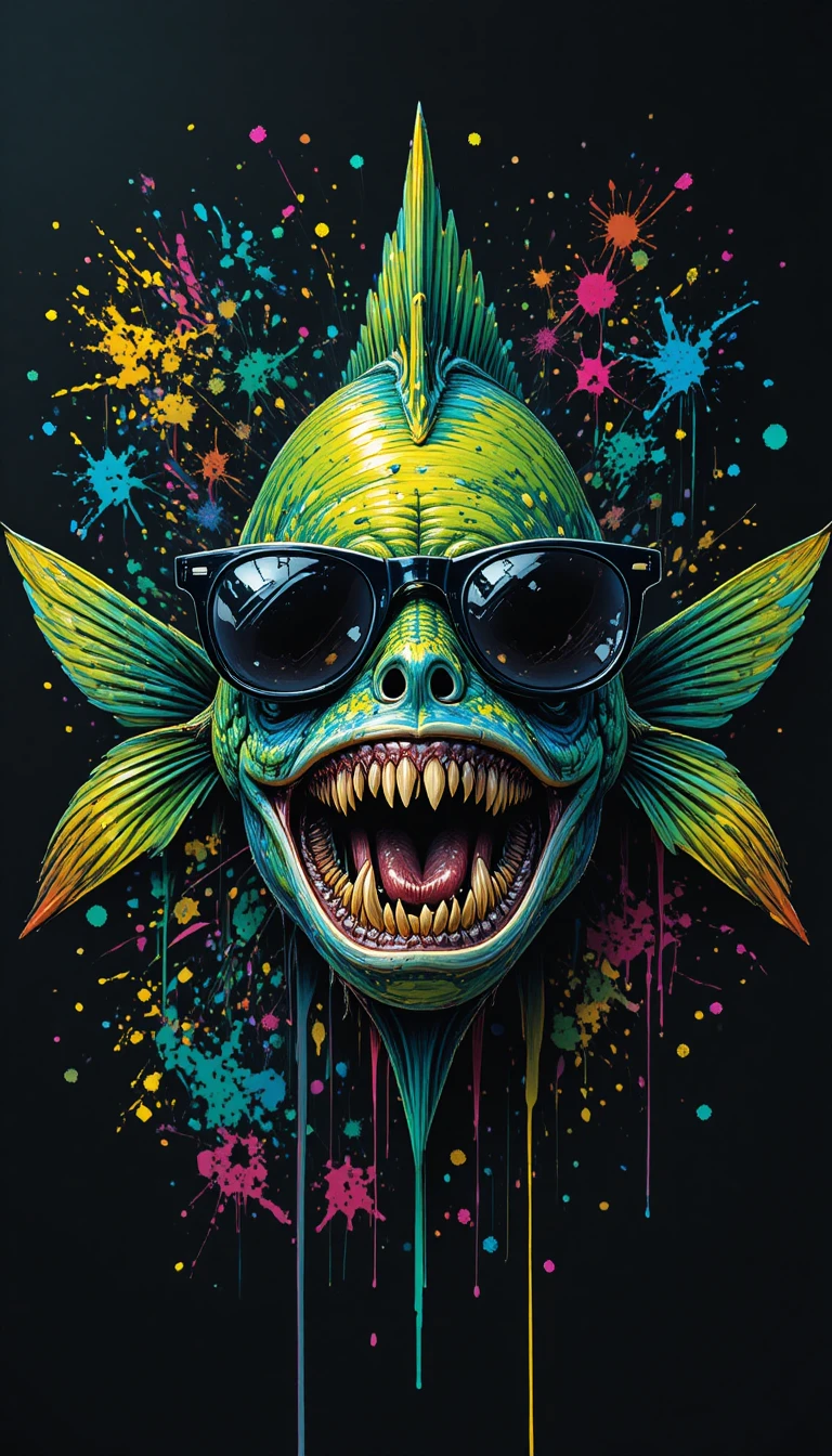 Colorful fish with sunglasses on splattered black background