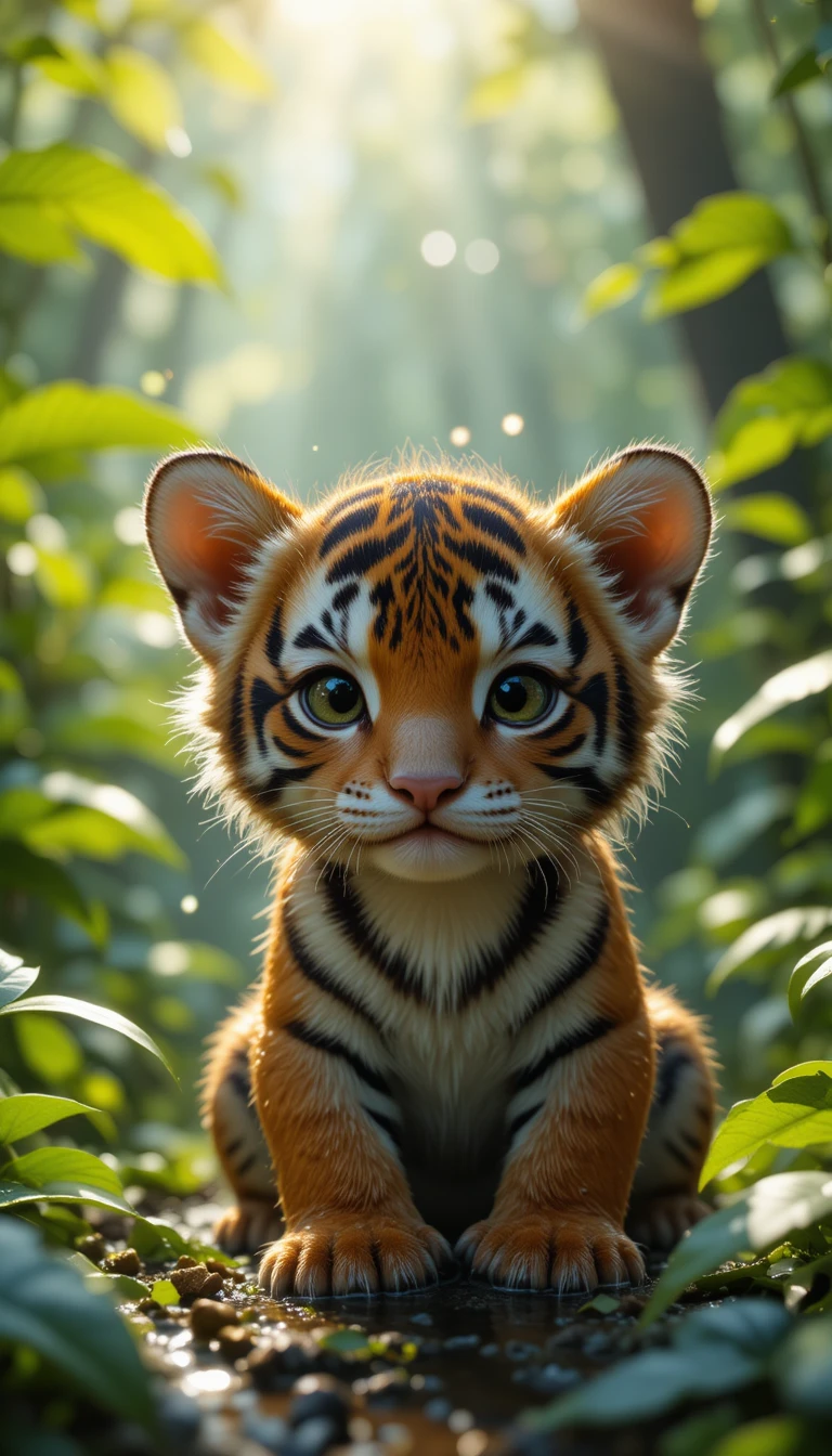 Wet tiger cub relaxing in sunlit green jungle