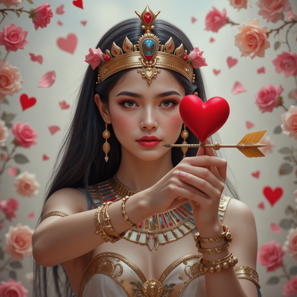 Fantasy pharaoh queen archer surrounded by roses and hearts