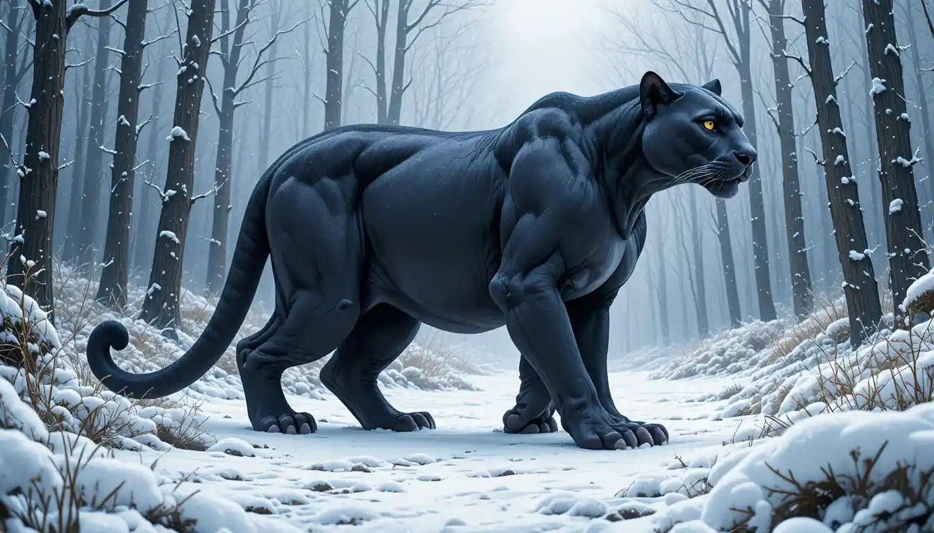 Pantera negra caminhando por uma floresta nevada e silenciosa