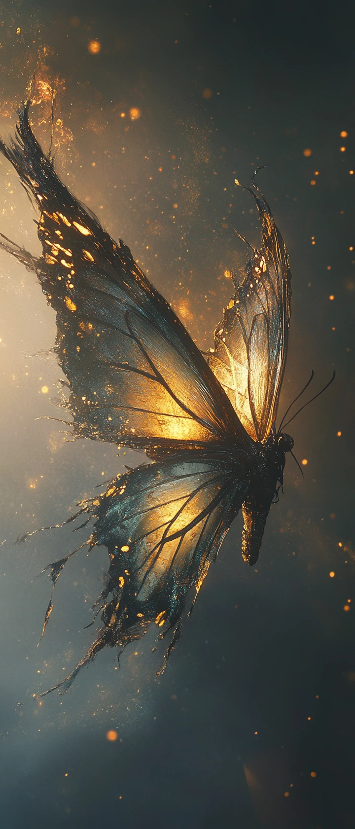 Borboleta esfarrapada e translúcida erguendo-se em um céu escuro surreal