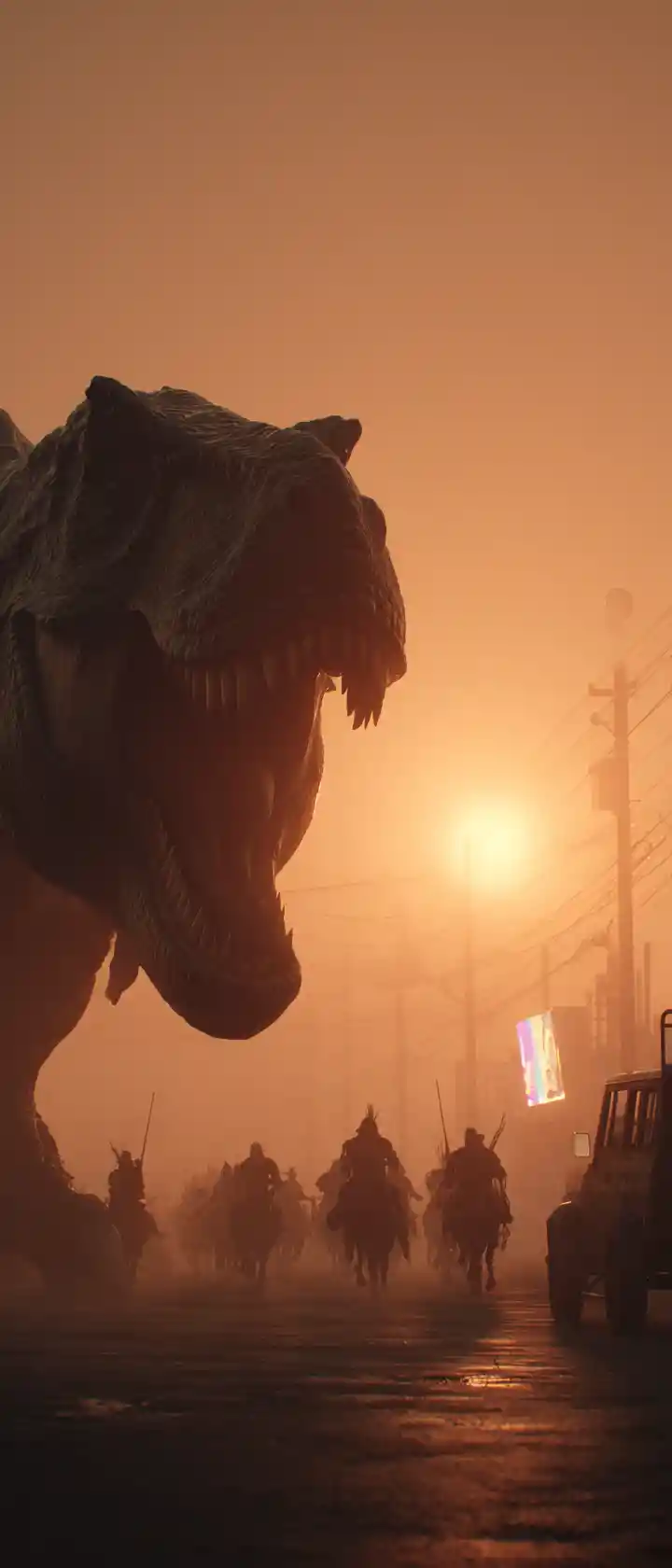 Legionários romanos enfrentam um dinossauro colossal ao anoitecer iluminado por néon