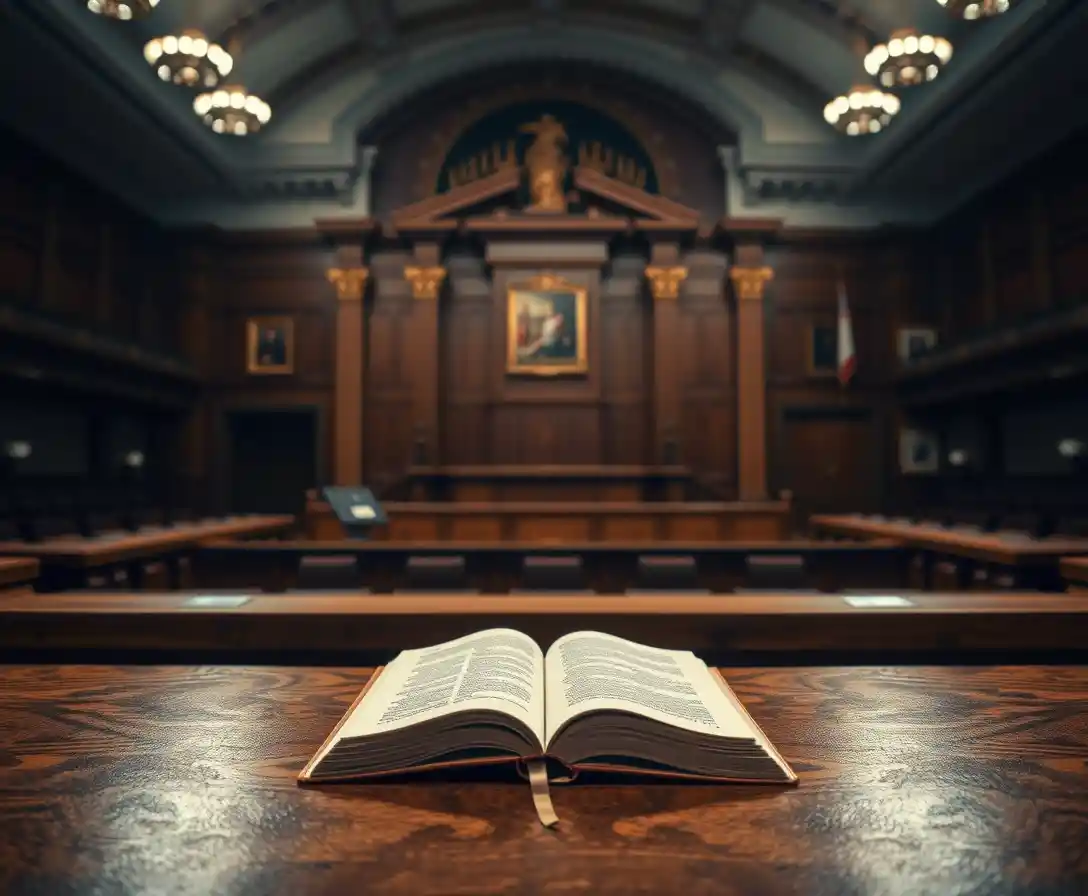 Libro solitario sul banco vuoto del giudice in un grande tribunale