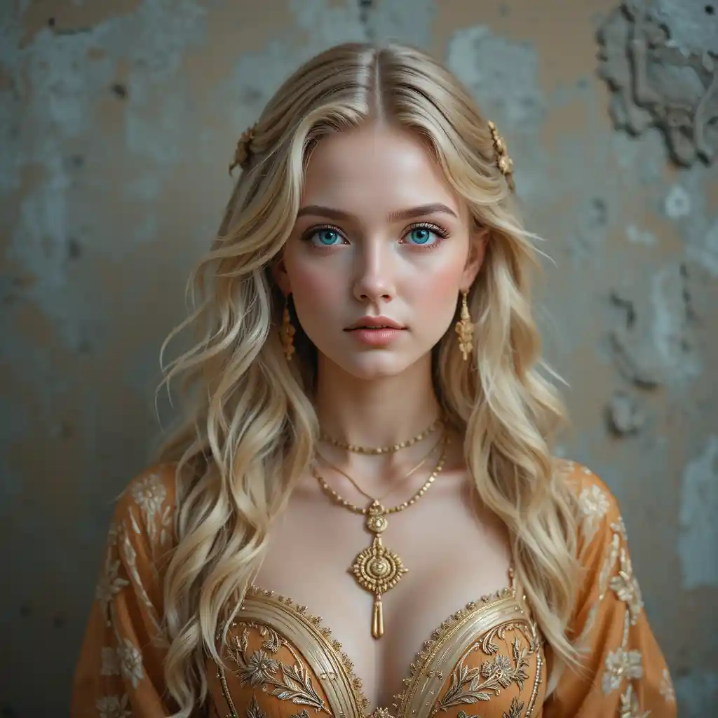 Blonde young woman in gold embroidered dress portrait