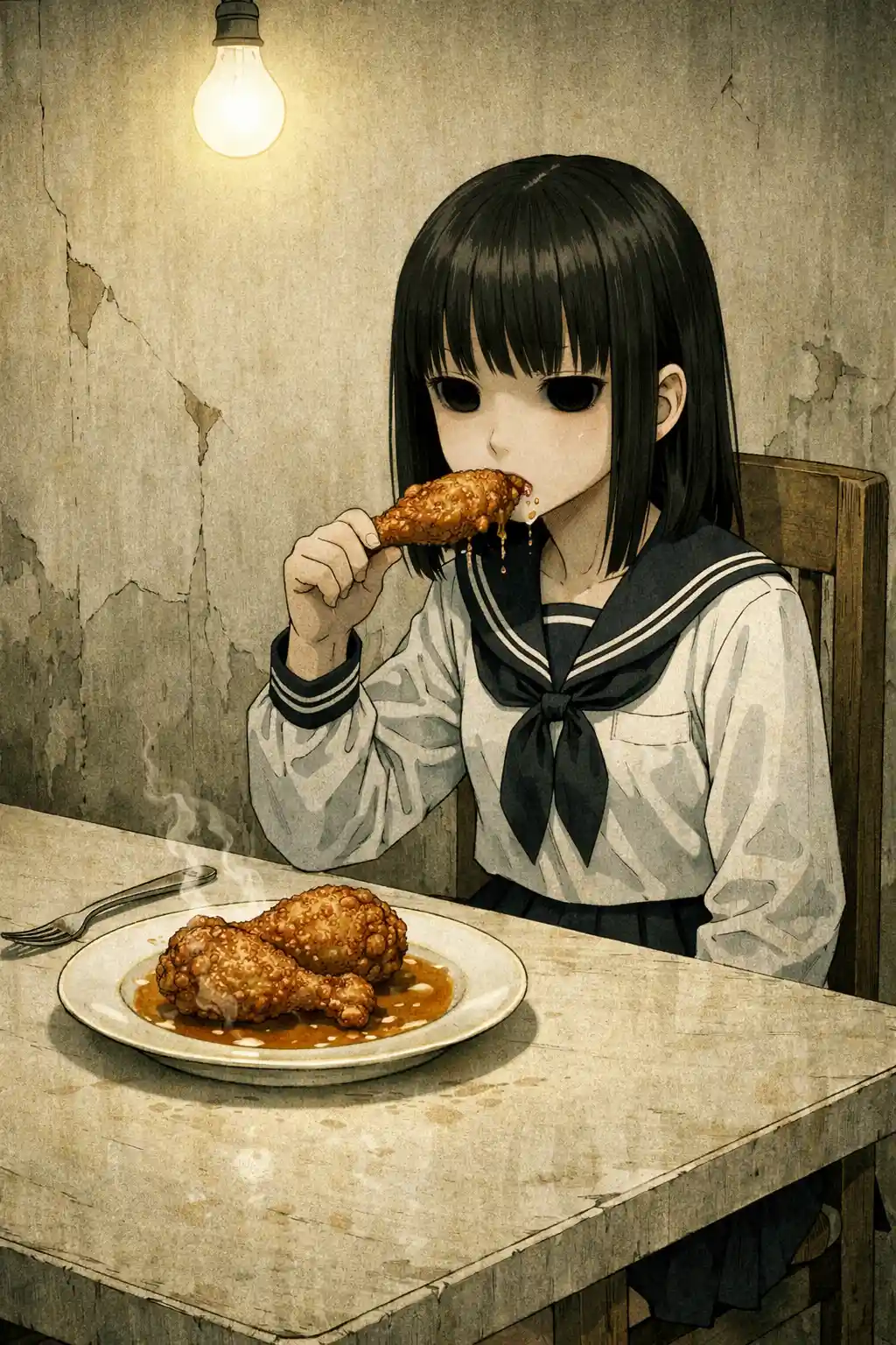 Ragazza anime inespressiva al tavolo da pranzo in stanza spoglia