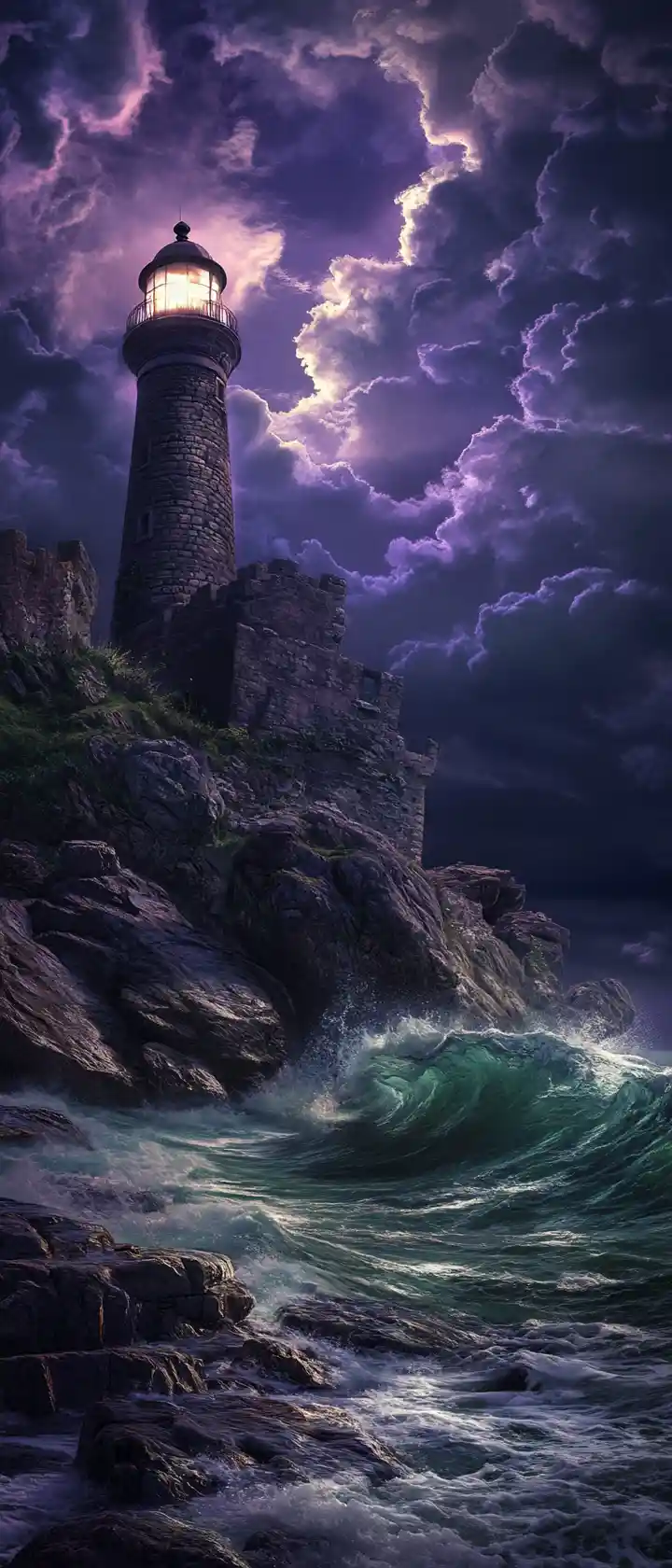Moonlit lighthouse and ruined fortress on stormy coastal cliffs